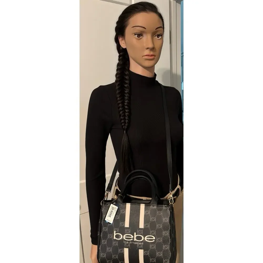 bebe Black White Monogram Logo Small Satchel Top Handle Zip Detachable Strap